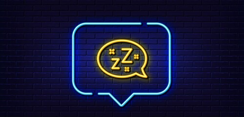 Neon light speech bubble. Sleep line icon. Zzz speech bubble sign. Chat message symbol. Neon light background. Sleep glow line. Brick wall banner. Vector