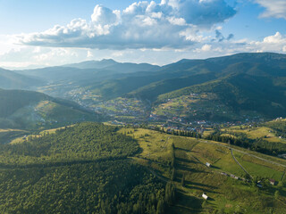 Ukrainian Carpathians mountains in summer. Aerial drone view.