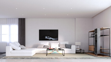 3d rendering,3d illustration, Interior Scene and  Mockup,Modern living room features a black aluminum center table with seven color reflective lines.