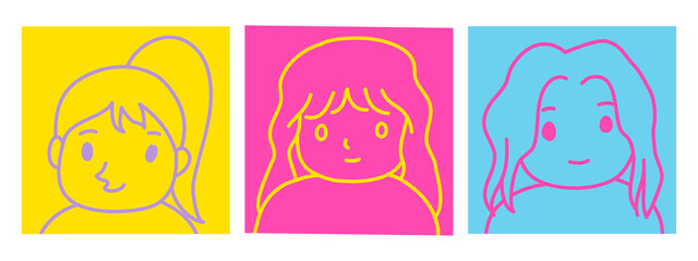cute doodle hand drawn cartoon set of women face profile picture in bright color.