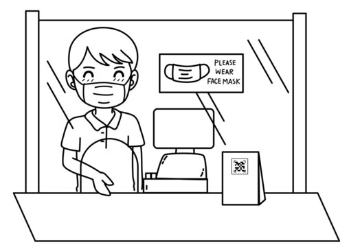 Reopening to new normal theme cartoon line art of cashier behind transparent protective wall; wearing face mask to prevent infection of virus and bacteria