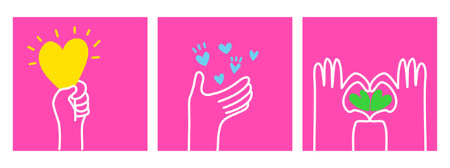 cute doodle hand drawn cartoon set hands holding heart in bright color.