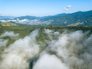 Morning fog in the Ukrainian Carpathians. Aerial drone view.