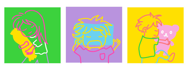 cute doodle hand drawn cartoon set of boy and girl sleep tight with pillow and teddy bear in bright color.