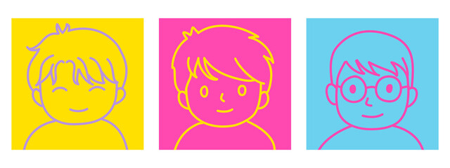 cute doodle hand drawn cartoon set of men face profile picture in bright color.
