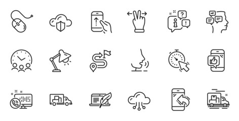 Outline set of Copyright laptop, Journey and Touchscreen gesture line icons for web application. Talk, information, delivery truck outline icon. Include Table lamp, Web call, Timer icons. Vector