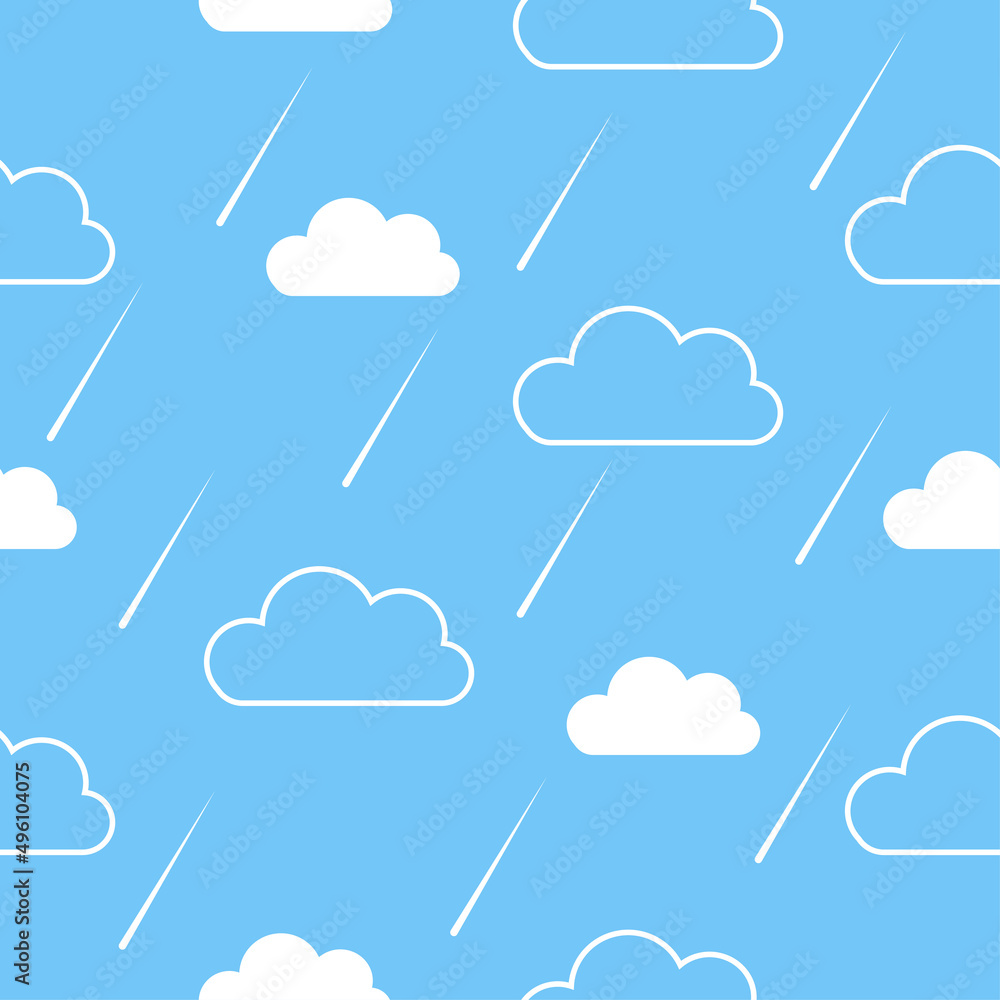 Wall mural seamless pattern background with white fluffy cartoon clouds and drops rain on light blue sky. vecto