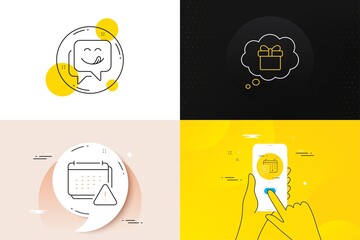 Minimal set of Notification, Discounts calendar and Gift dream line icons. Phone screen, Quote banners. Yummy smile icons. For web development. Calendar warning, Sale month, Receive a gift. Vector