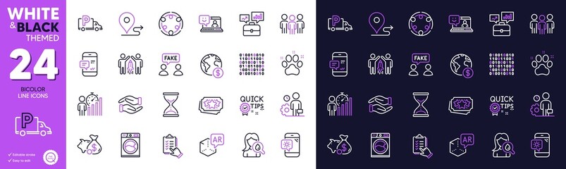 Global business, Employee and Smartphone notification line icons for website, printing. Collection of Checklist, Smile, Pet friendly icons. Quick tips, Piggy bank. Bicolor outline icon. Vector