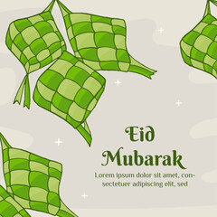 Eid Mubarak. Illustration vector graphic. Design concept Ketupa in HandDrawn and Flat Design style, Perfect for Islamic Holy Month, banner, Postcard social media, greeting card
