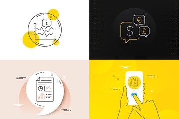 Minimal set of Report document, Chart and Checklist line icons. Phone screen, Quote banners. Money currency icons. For web development. Growth chart, Rise data, Questioning clipboard. Vector