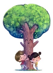 Illustration of children hugging a tree