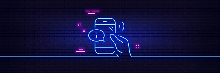 Neon light glow effect. Call center service line icon. Phone support sign. Feedback info symbol. 3d line neon glow icon. Brick wall banner. Call center outline. Vector