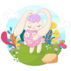 Cute bunny in the garden with easter egg. Rabbit close eyes, hug easter egg