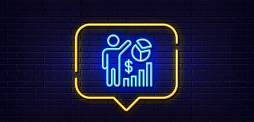 Neon light speech bubble. Seo statistics line icon. Search engine optimization sign. Analytics chart symbol. Neon light background. Seo statistics glow line. Brick wall banner. Vector