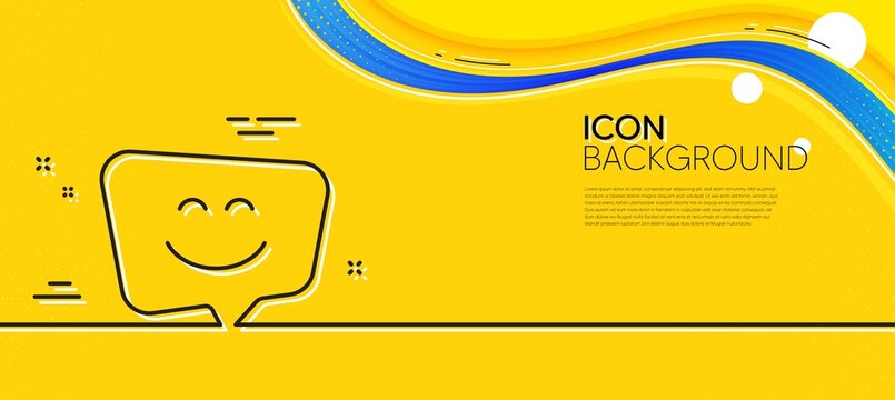 Smile face line icon. Abstract yellow background. Happy emoticon chat sign. Speech bubble symbol. Minimal smile face line icon. Wave banner concept. Vector