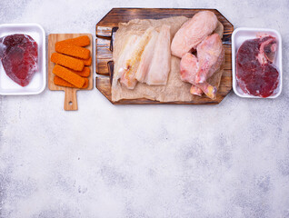 Set of various frozen meat and fish