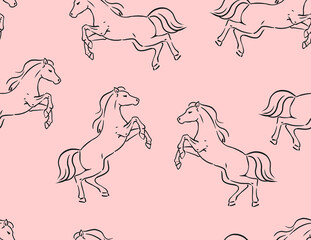 Fototapeta na wymiar Digital linear textile fashion fabric tile silhouette seamless pattern with the image of an animal - a horse on a light pink background.