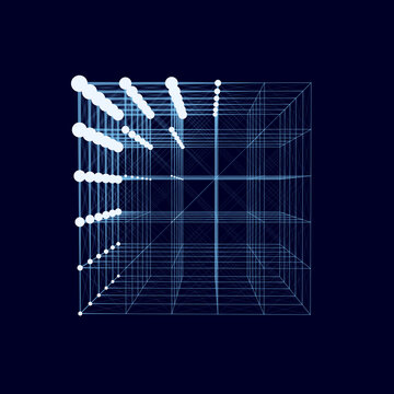 Abstract wireframe cube whith connection dots and lines. Digital blockchain concept and data transfer system. Storage cells of datas. Vector illustration.