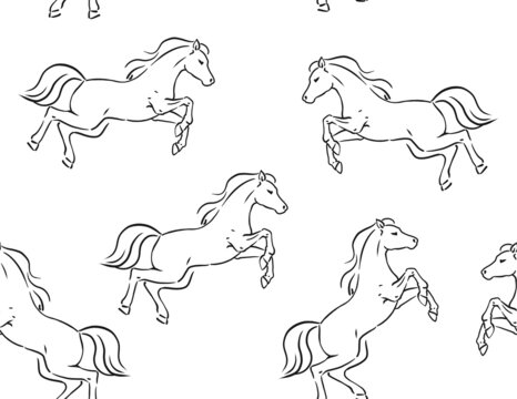 Digital linear textile fashion fabric tile silhouette seamless pattern with the image of an animal - a horse on a white background