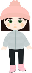 Vector character. Brunette girl with quads in winter clothes