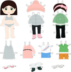 Paper doll. Brunette with bob in multiple outfits