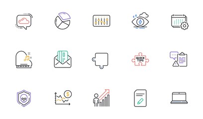 Stress, Cyber attack and Quick tips line icons for website, printing. Collection of Credit card, Piano, Pie chart icons. Notebook, Calendar, Dollar rate web elements. Dj controller. Vector