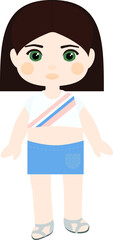 Fototapeta premium Vector character. Brunette girl with a square in a skirt and top
