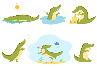 Set of crocodile spending time in summer. Sand castle building, playing ball, swimming, diving, sunbathing, drinking juice.