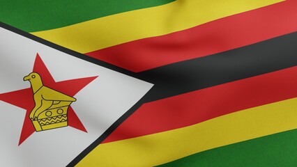 National flag of Zimbabwe waving 3D Render, Republic of Zimbabwe flag textile with soapstone bird, coat of arms Zimbabwe independence day, Zimbabwean - obrazy, fototapety, plakaty