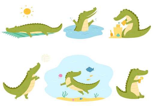 Set of crocodile spending time in summer. Sand castle building, playing ball, swimming, diving, sunbathing, drinking juice.
