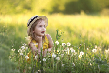 Cute little girl in a straw hat has sits on a summer field with dandelions. Child having activity...