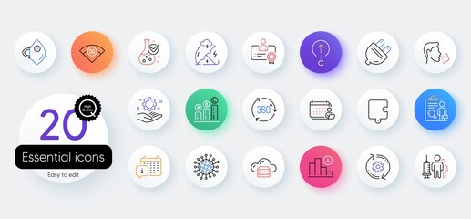 Simple set of 360 degree, Inspect and Medical mask line icons. Include 5g wifi, Calendar, Coronavirus icons. Cogwheel, Accounting, Chemistry lab web elements. Swipe up, Decreasing graph. Vector