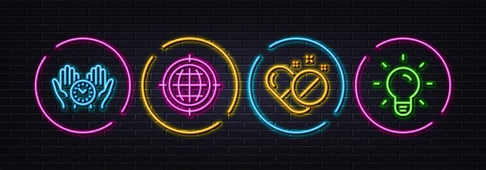 Safe time, Seo internet and Medical pills minimal line icons. Neon laser 3d lights. Light bulb icons. For web, application, printing. Management, Globe, Drugs. Lamp energy. Neon lights buttons. Vector