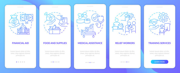 Government assistance types blue gradient onboarding mobile app screen. Walkthrough 5 steps graphic instructions pages with linear concepts. UI, UX, GUI template. Myriad Pro-Bold, Regular fonts used
