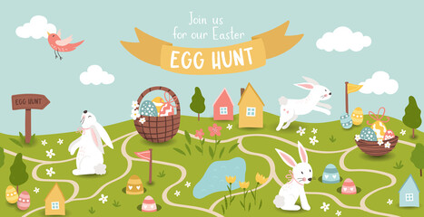 Cute Easter Egg hunt design for children, hand drawn with cute bunnies, eggs and decorations - great for party invitations, banners, wallpapers - vector