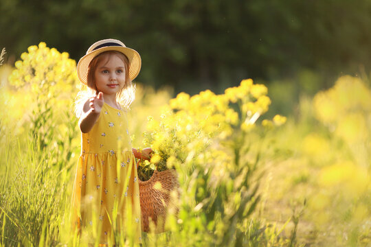 Little girl smiling on summer field in straw hat and holding bag with yellow wildflowers in her hands. Child is having fun on the street. Concept of healthy child without allergies. High quality photo