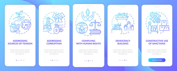 Military conflicts prevention blue gradient onboarding mobile app screen. Walkthrough 5 steps graphic instructions pages with linear concepts. UI, UX, GUI template. Myriad Pro-Bold, Regular fonts used