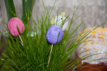 grass with easter egg hunt. happy holiday decoration for sunday easter