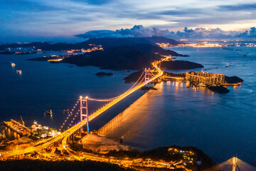 Evening of Tsing Ma Bridge, 14th longest span suspension bridge in the world, Hong Kong