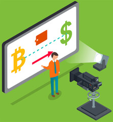 Presentation of research result, techno blog filming. Man presenter talking about cryptocurrency mining while recording video. Shooting presentation on converting bitcoin to cash income with camera
