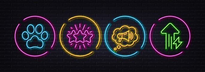 Dog paw, Star and Megaphone minimal line icons. Neon laser 3d lights. Energy growing icons. For web, application, printing. Pets, Customer feedback, Brand message. Power usage. Vector