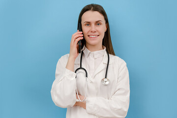 Young professional doctor female in white medical uniform and stethoscope talking on mobile phone, posing isolated over blue studio background. Doc have conversation. Smartphone, technology concept