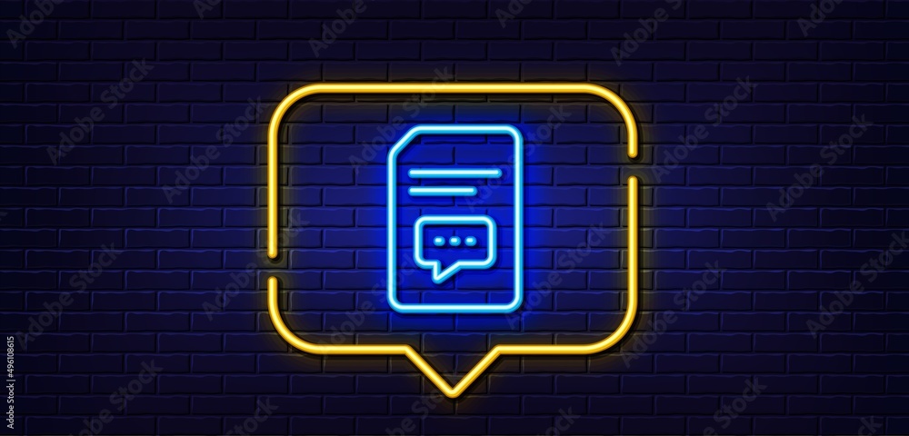 Poster neon light speech bubble. document with comments line icon. information file with speech bubble sign