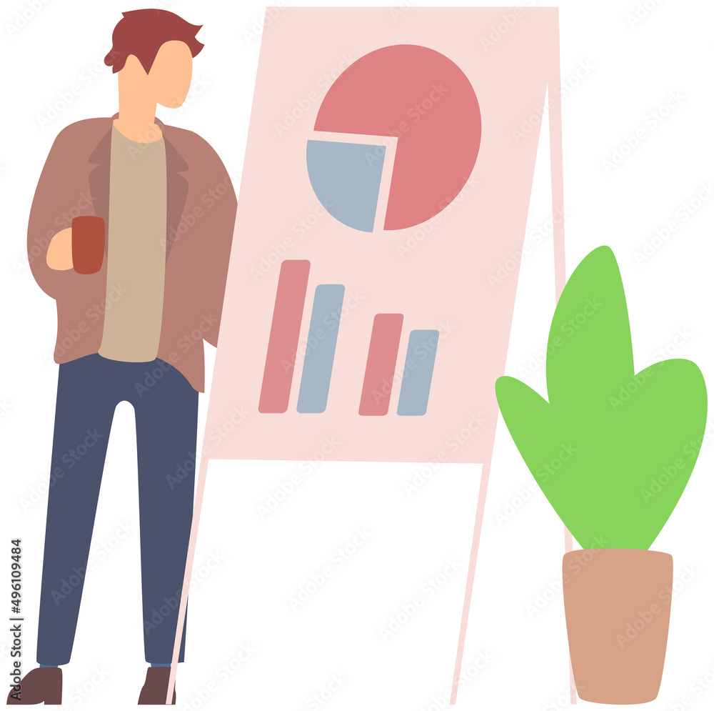 Poster man standing next to flipchart with diagram. presentation board with statistical data. business repo