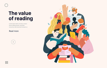 Books graphics -book week events. Modern flat vector concept illustrations of reading people - a group of men and women reading and sharing books and e-books on tablets sitting surrounded by plants