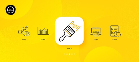 Fototapeta na wymiar Electricity plug, Internet report and Money diagram minimal line icons. Yellow abstract background. Brush, Calendar icons. For web, application, printing. Vector