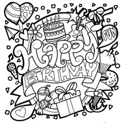 hand drawn line art cartoon cooloring book illustration.Birthday Background Illustration.