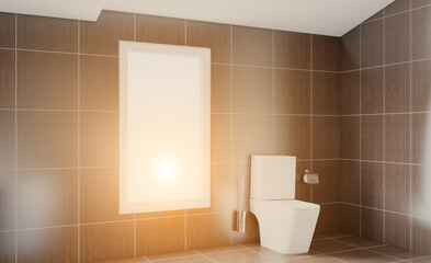 Clean and fresh bathroom with natural light. 3D rendering.. Sunset.