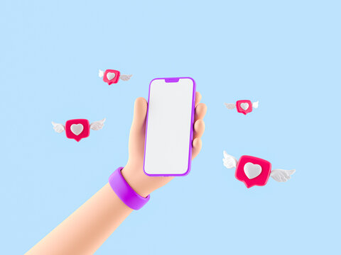 Cartoon character hand holding smartphone with like notification icons. Social media metaphor, revealing the concept of New audience, Posting a comment and Sending a message. 3d render